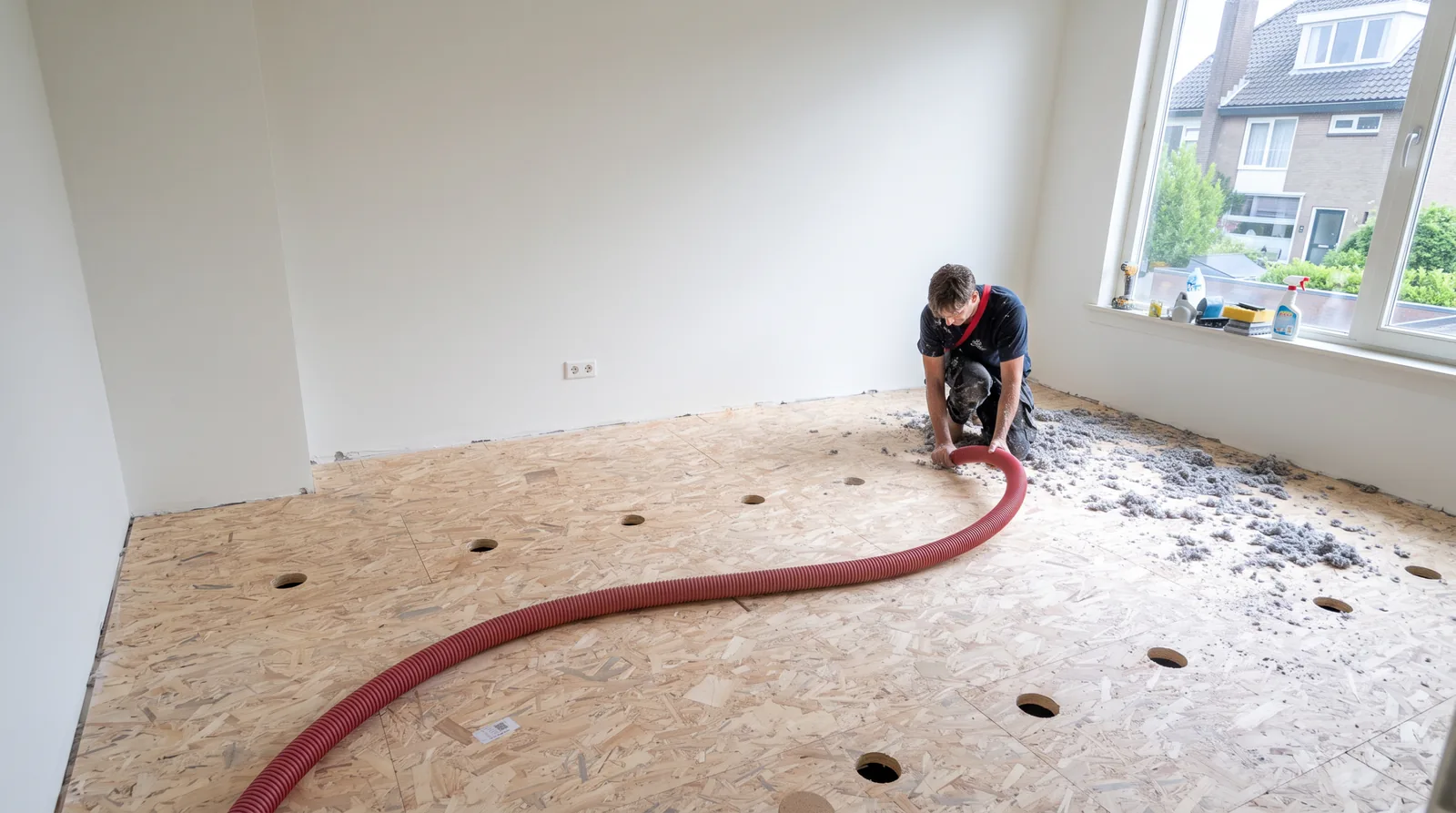 Isolatiemonteur blaast cellulose tussen de balken van een houten vloer